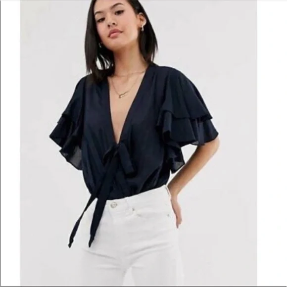 Intimately Free People Call Me Later Navy Blue Ruffle Sleeve Bodysuit - Picture 11 of 11